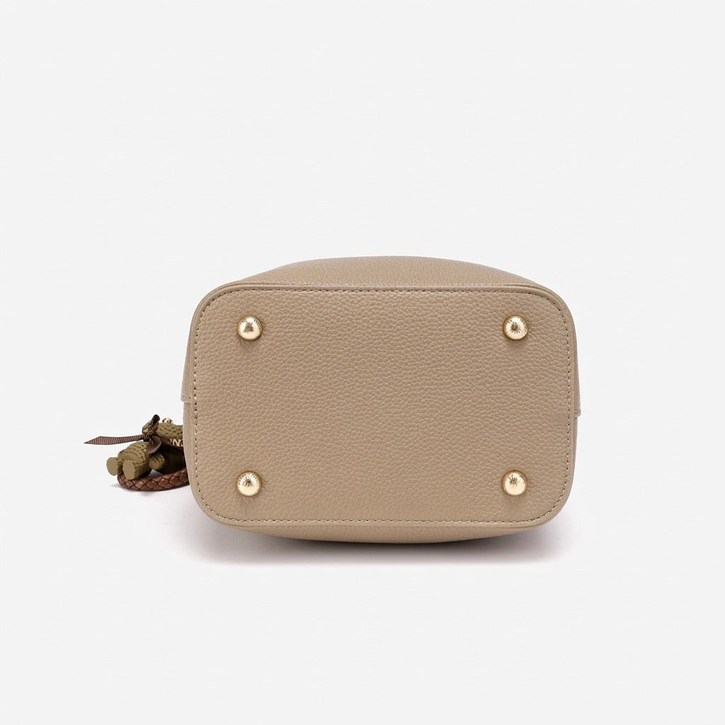 Minimalist Pebbled Vegan Eco-Leather Bucket Clutch Bag with Bear Charm