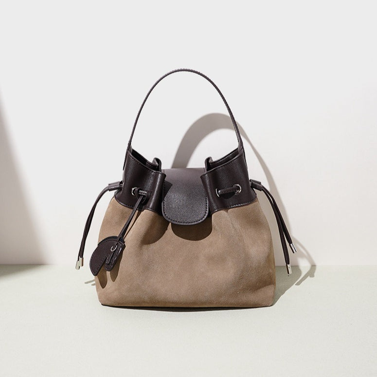 Chic Suede Leather Drawstring Bucket Bag with Horse Charm