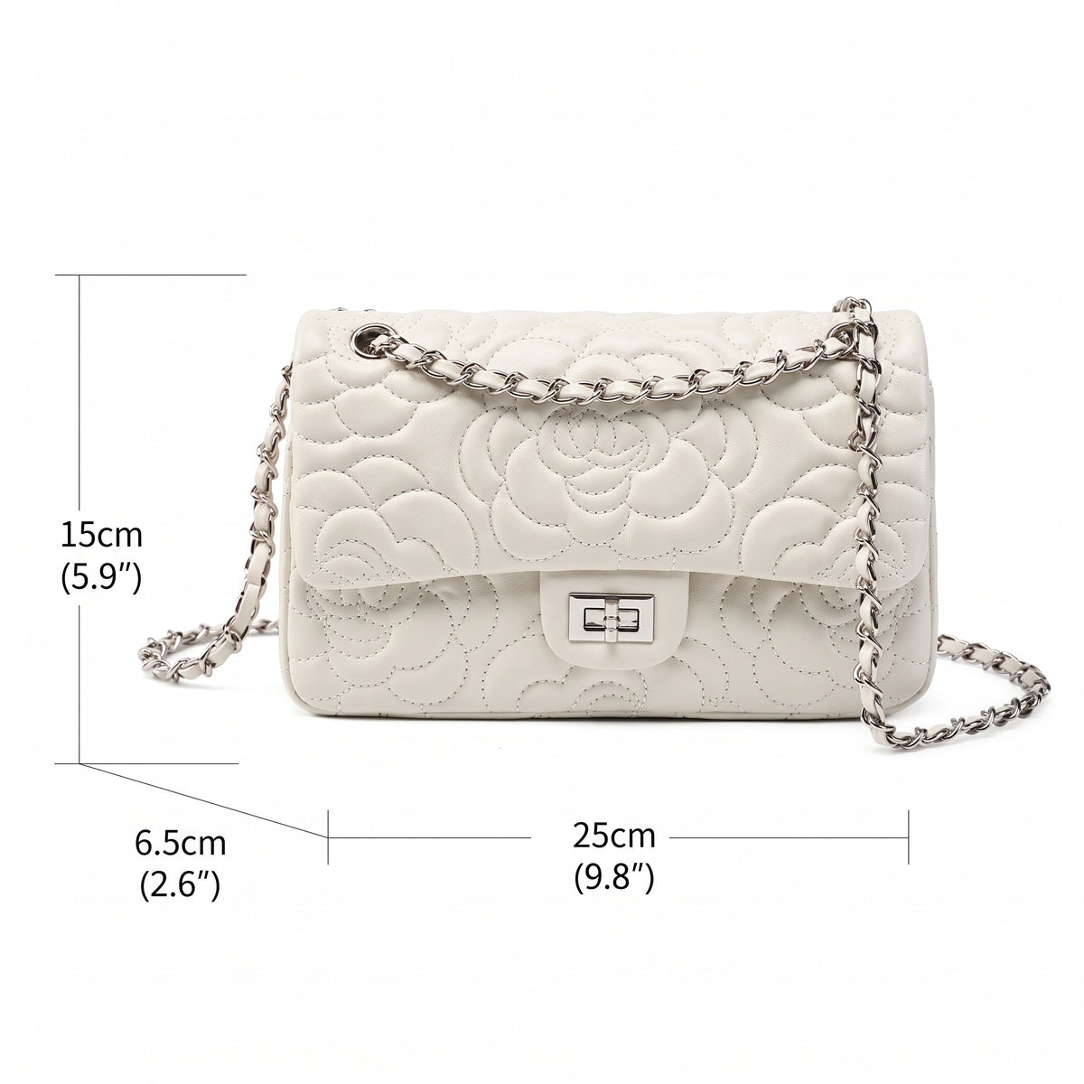 Geantă crossbody matlasată pentru femei, din piele naturală de oaie, cu lanț și model Camellia