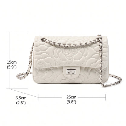 Geantă crossbody matlasată pentru femei, din piele naturală de oaie, cu lanț și model Camellia