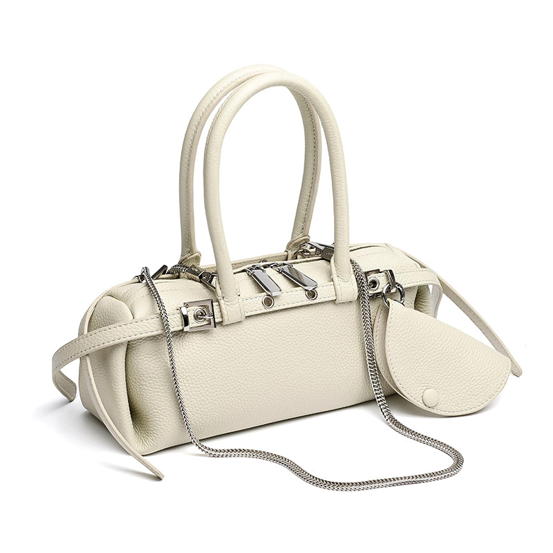 Refined Genuine Leather Petite Boston Clutch Bag with Mini Pouch