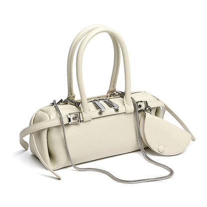Refined Genuine Leather Petite Boston Clutch Bag with Mini Pouch
