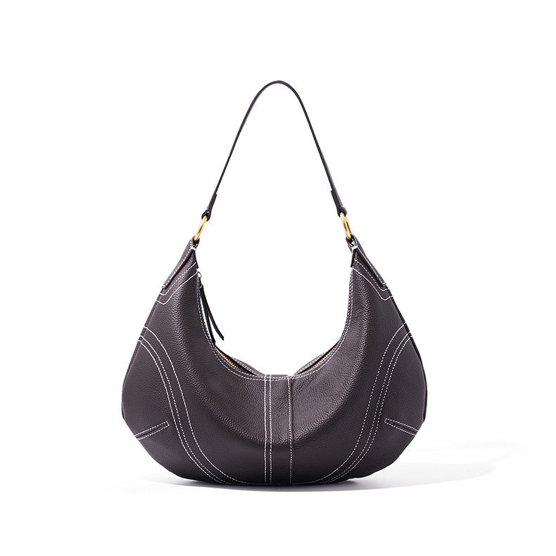 The Pebbled Genuine Leather Hobo Shoulder Bag with Contrast Stitching