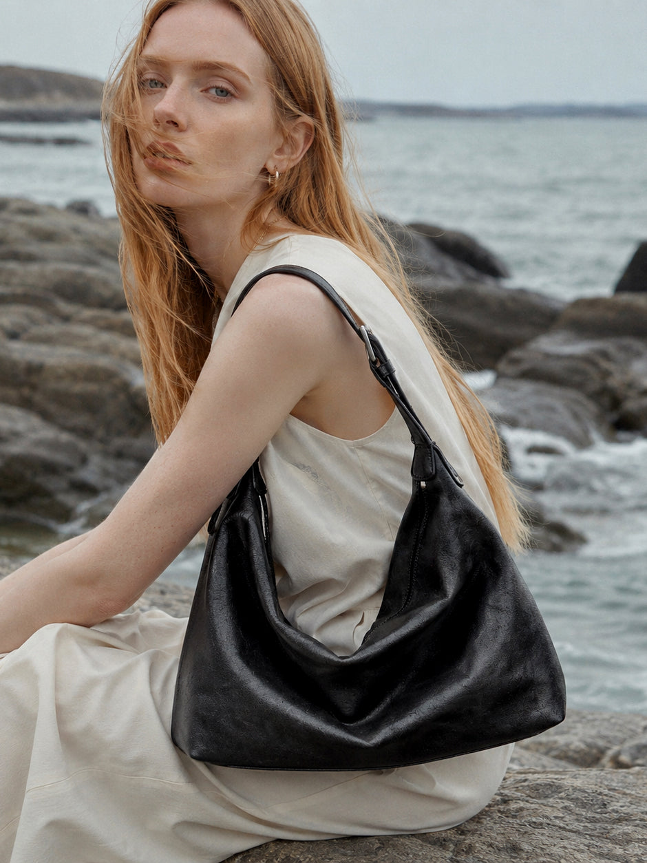 Supple Slouchy Genuine Leather Crescent Hobo Clutch Bag