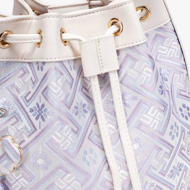 Gentle Oriental Brocade Vegan Eco-Leather Bucket Clutch Bag with Tassel Charm