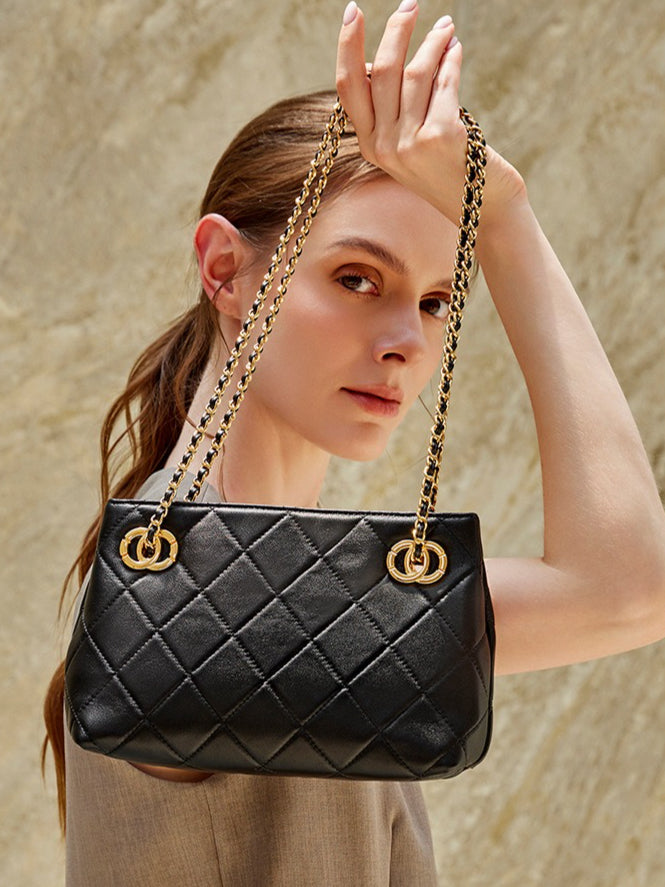 Classic Quilted Sheepskin Genuine Leather Chain Mini Tote Clutch Bag