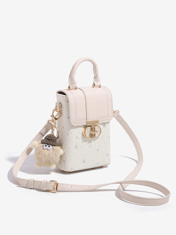 Romantic Star Vegan Eco-Leather Flap Mini Phone Handbag with Fluffy Charm
