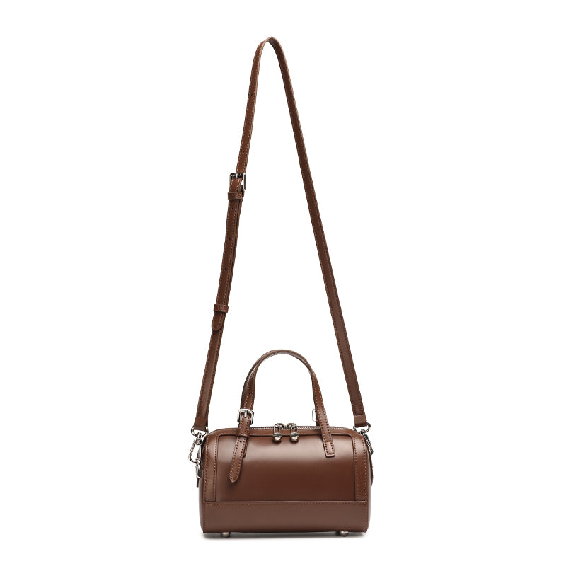Retro Maillard Genuine Leather Boston Barrel Bag