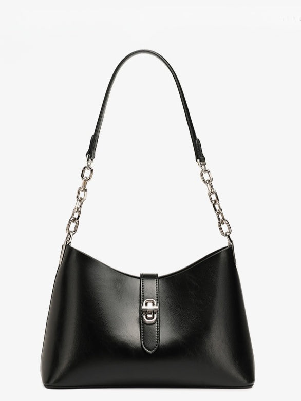 Classic Genuine Leather Underarm Bag with Metal Buckle