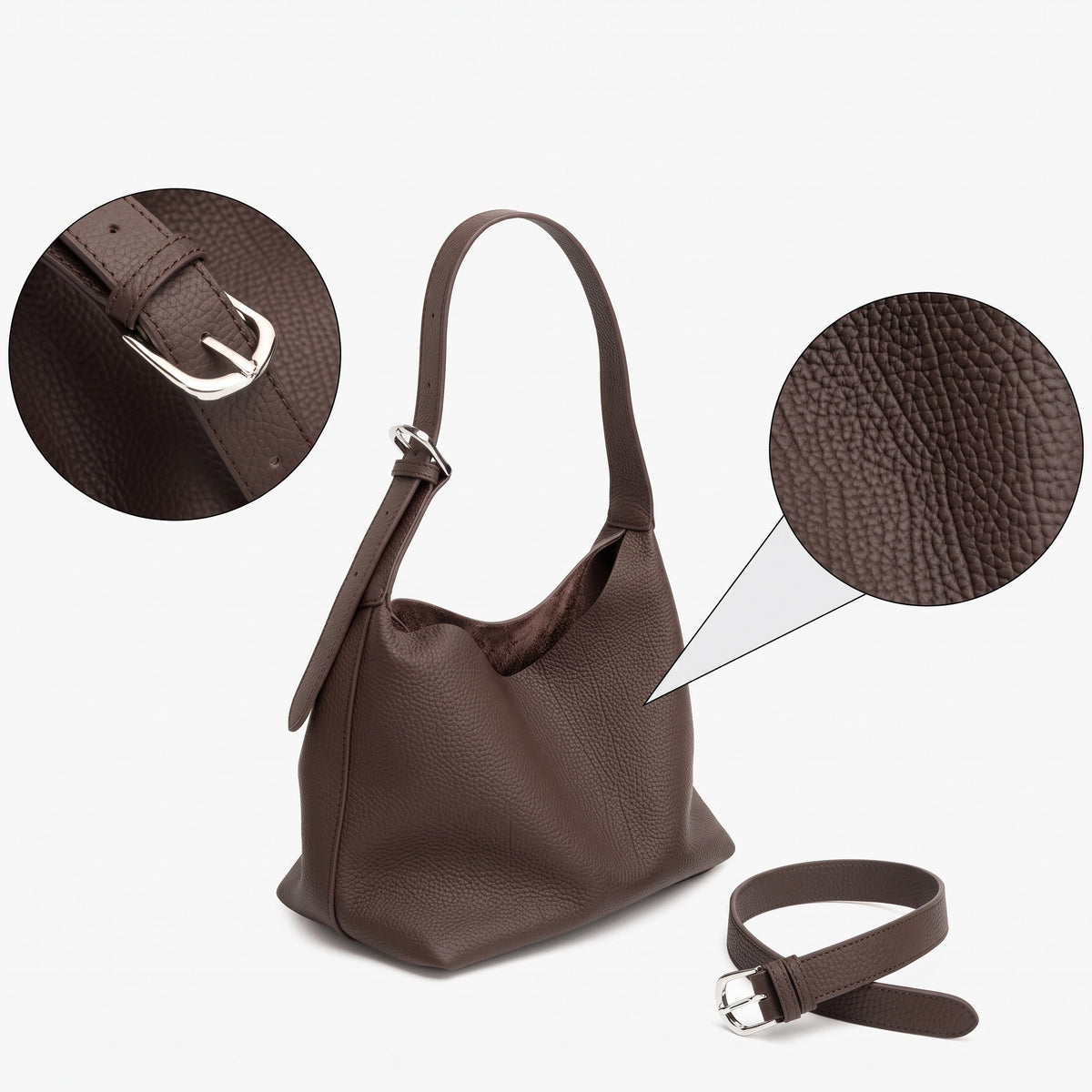 Borsa hobo a secchiello versatile in vera pelle con tracolla regolabile