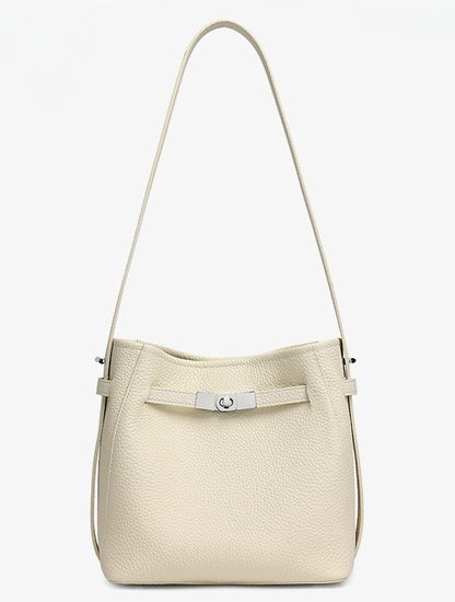Timeless Genuine Leather Bucket Bag with Polished Double-D Luxury Hardware