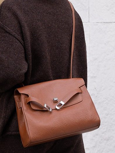 Vintage Lock-Accent Satchel Crossbody Genuine Leather Bag