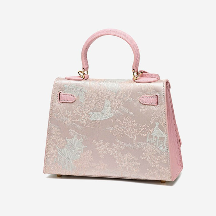 Elegant Oriental Brocade Genuine Leather Kelly Clutch Bag with Charm