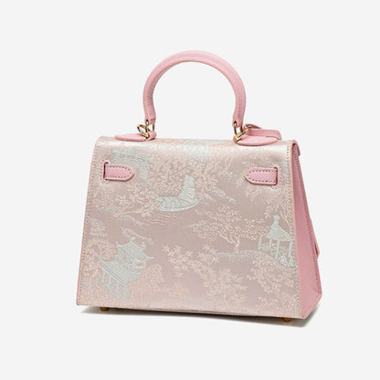Elegant Oriental Brocade Genuine Leather Kelly Clutch Bag with Charm