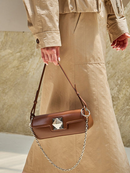 Minimalist Smooth Genuine Leather Silver Buckle Baguette Bag