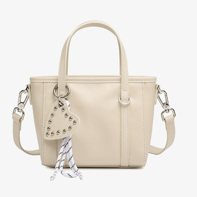 Sculpted Genuine Leather Mini Tote Crossbody Bag with Signature Heart Charm