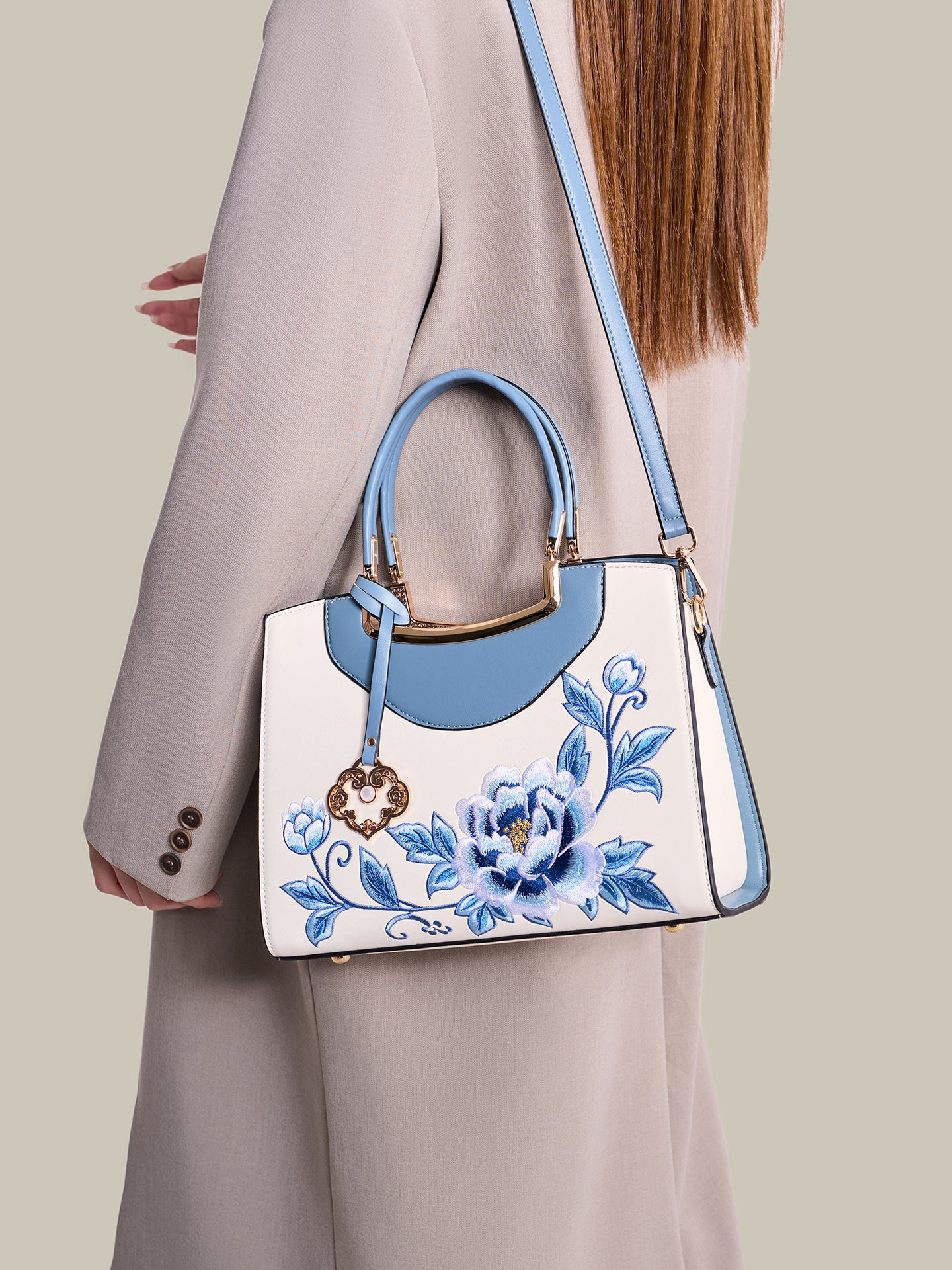 Elegant Peony Embroidered Vegan Eco-Leather Clutch Bag with Charm