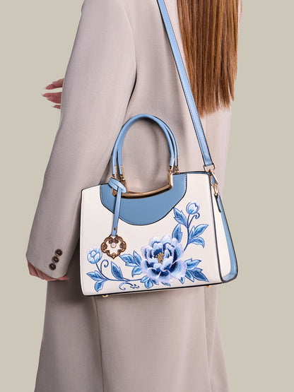 Elegant Peony Embroidered Vegan Eco-Leather Clutch Bag with Charm