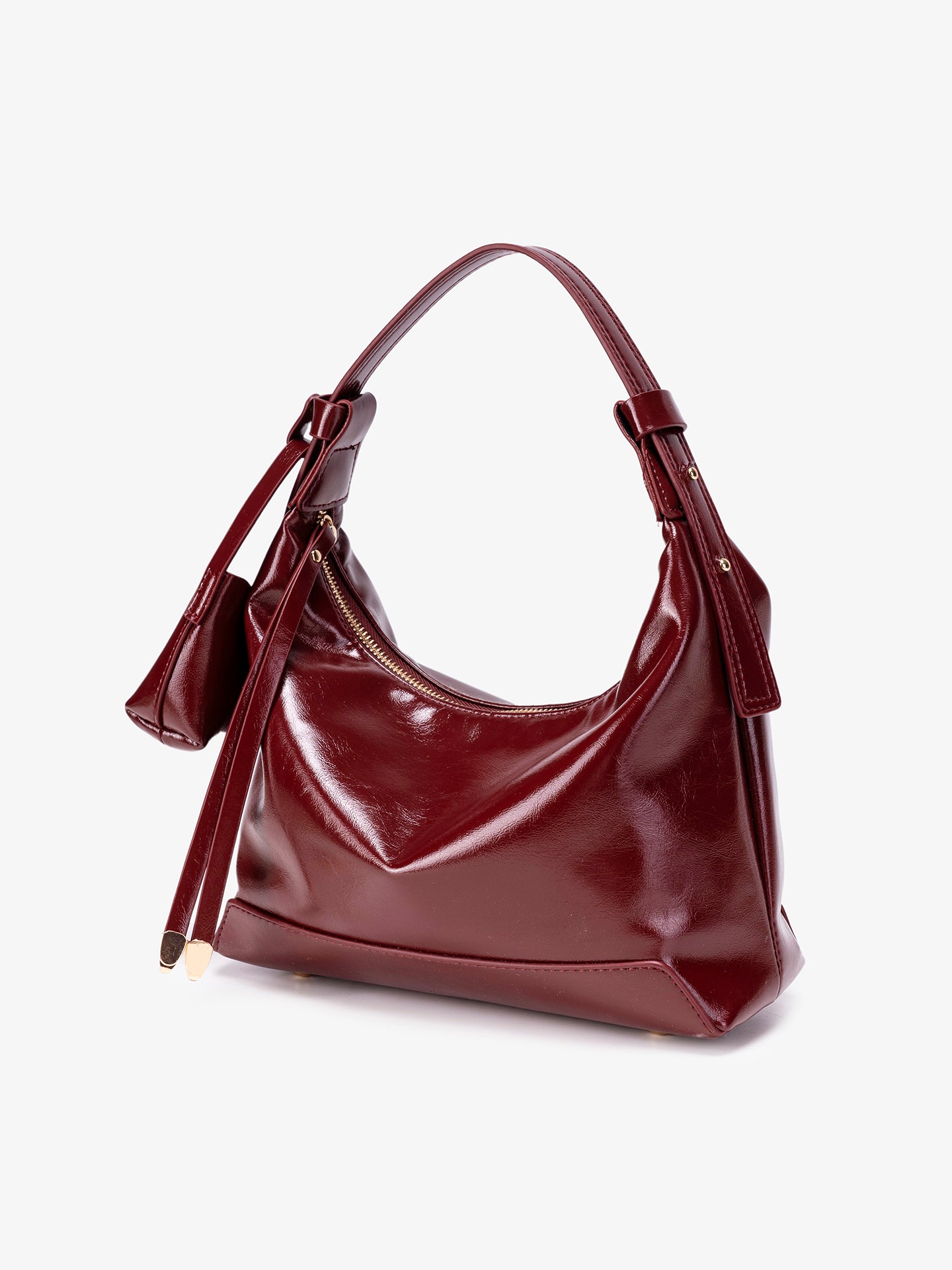 Retro Glossy Vegan Eco-Leather Hobo Bag with Mini Pouch
