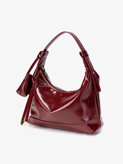 Retro Glossy Vegan Eco-Leather Hobo Bag with Mini Pouch