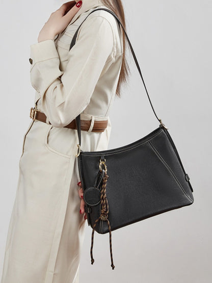 Artisan Stitched Genuine Leather Bag - Vintage Western Shoulder Tote with Tassel