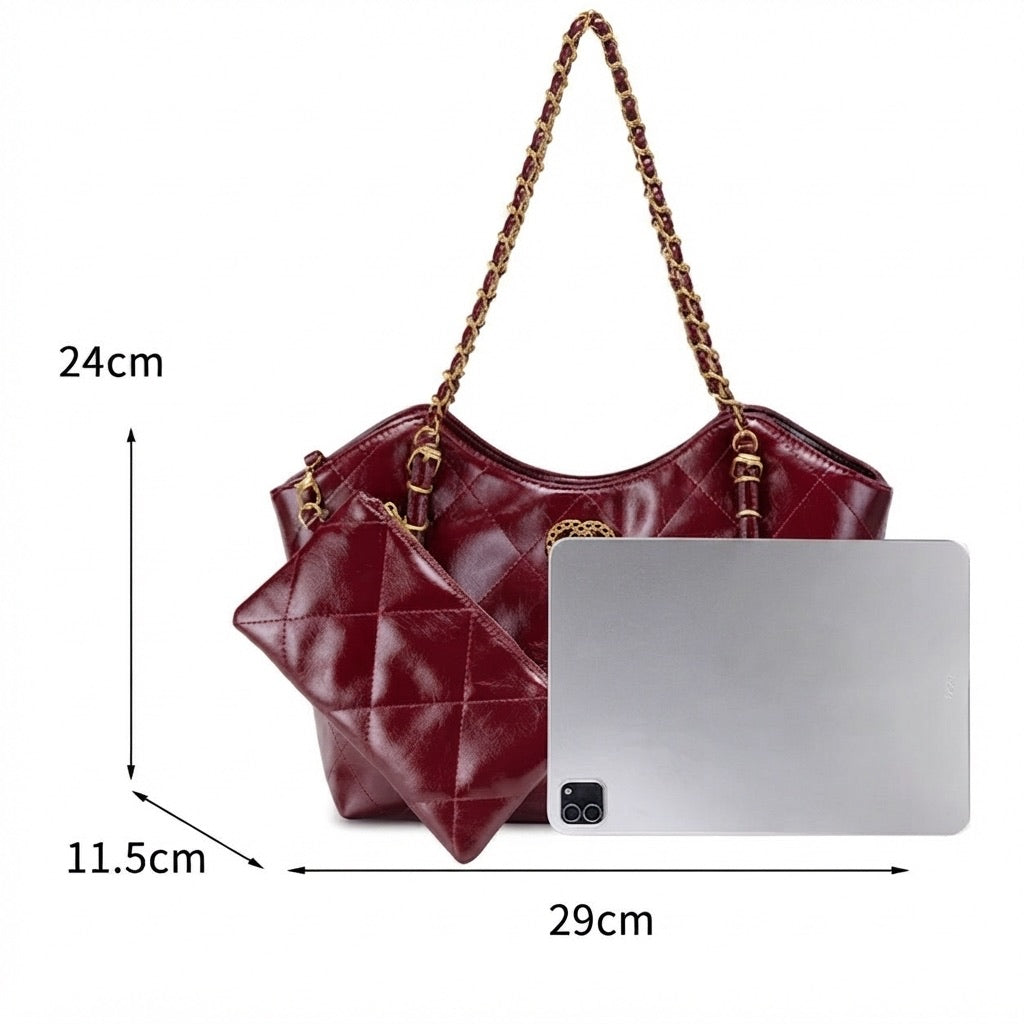Sculpted Quilted Vegan Eco-Leather Chain Tote Bag