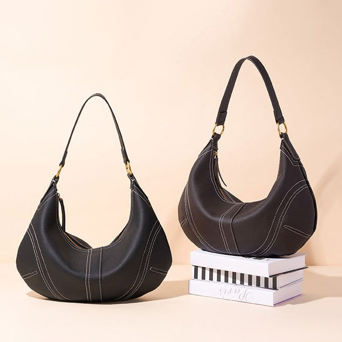 The Pebbled Genuine Leather Hobo Shoulder Bag with Contrast Stitching