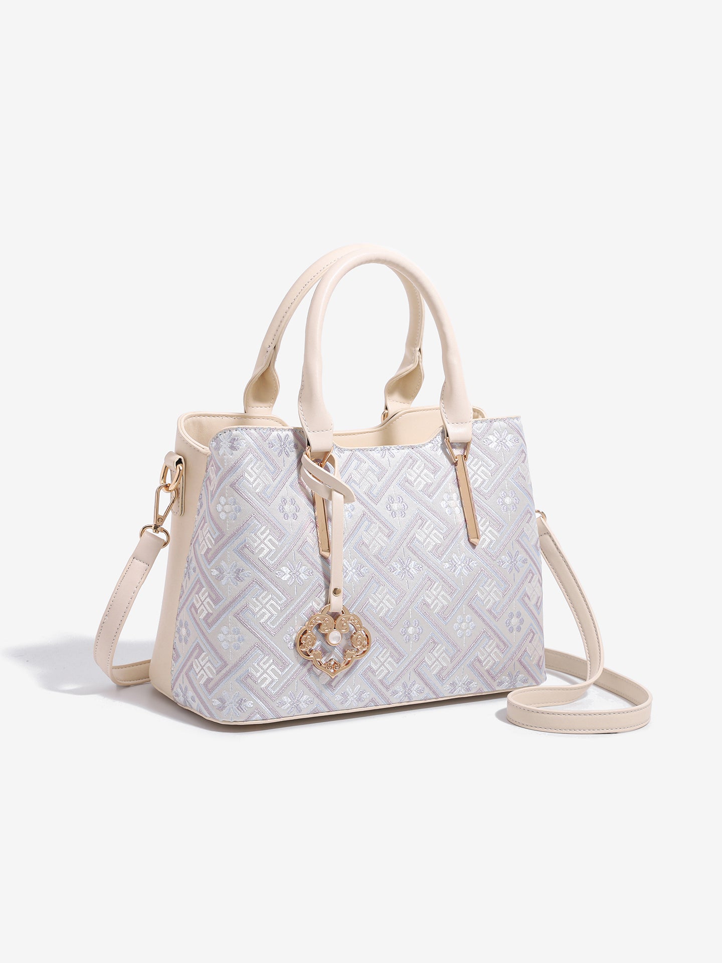 Elegant Jacquard Pattern Vegan Eco-Leather Satchel Clutch Bag with Hollow Lock Charm