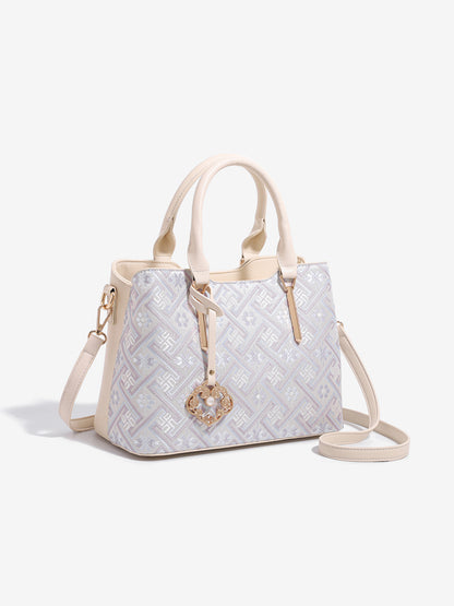 Elegant Jacquard Pattern Vegan Eco-Leather Satchel Clutch Bag with Hollow Lock Charm