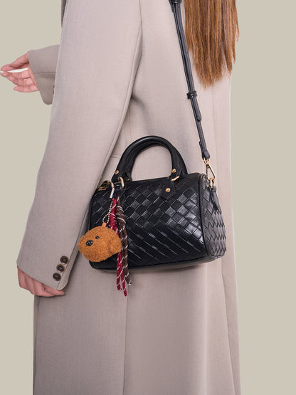Exquisite Woven Vegan Eco-Leather Boston Clutch Bag with Playful Teddy Charm