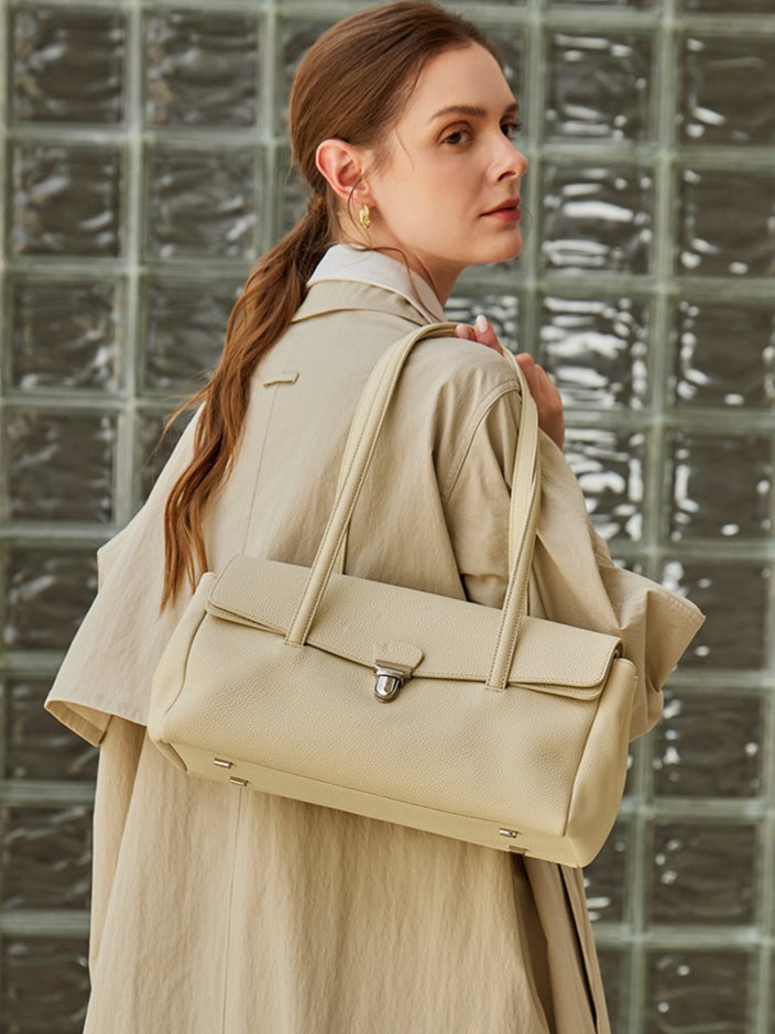 Sleek Pebbled Grain Texture Flap Genuine Leather Tote Clutch Bag