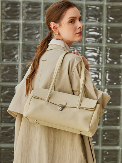 Sleek Pebbled Grain Texture Flap Genuine Leather Tote Clutch Bag