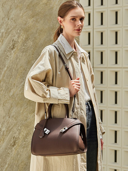 Luxury Retro Genuine Leather Lychee Pattern Double Buckle Tote Crossbody Bag