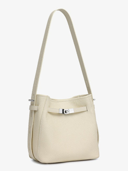 Timeless Genuine Leather Bucket Bag with Polished Double-D Luxury Hardware