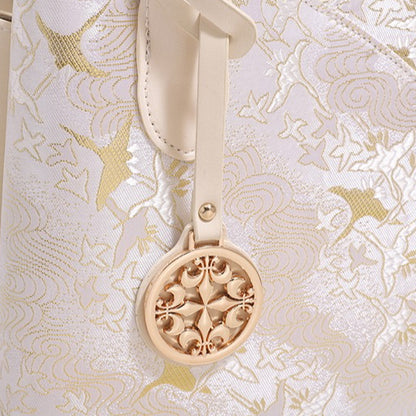 Elegant Flying Crane Motif Vegan Eco-Leather Tote Clutch Bag with Hollow Metal Charm