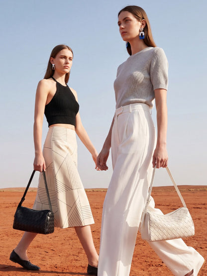 Minimalist Woven Genuine Sheepskin Baguette Clutch Bag