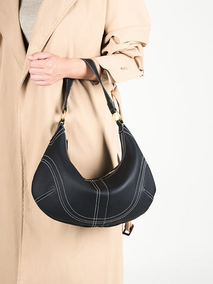 The Pebbled Genuine Leather Hobo Shoulder Bag with Contrast Stitching
