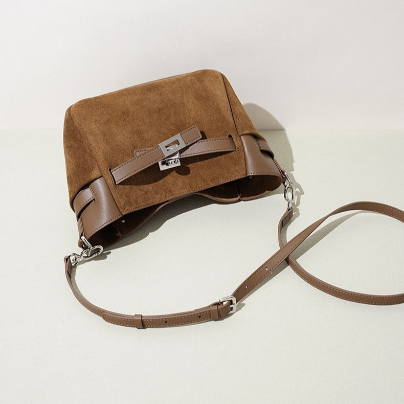 Effortless Suede Genuine Leather Bucket Clutch Bag