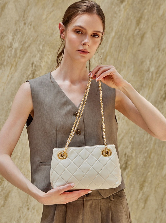 Classic Quilted Sheepskin Genuine Leather Chain Mini Tote Clutch Bag