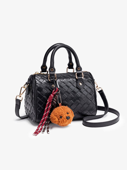 Exquisite Woven Vegan Eco-Leather Boston Clutch Bag with Playful Teddy Charm