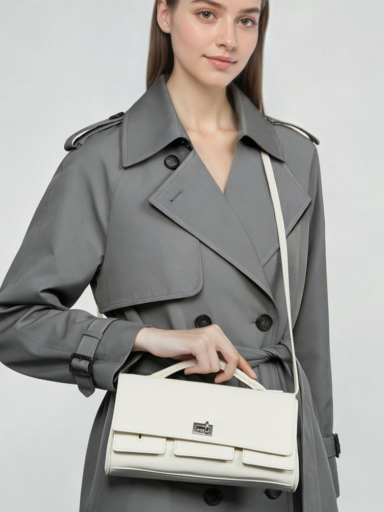 The Linear Turn-Lock Genuine Leather Bag | Minimalist East-West Handbag