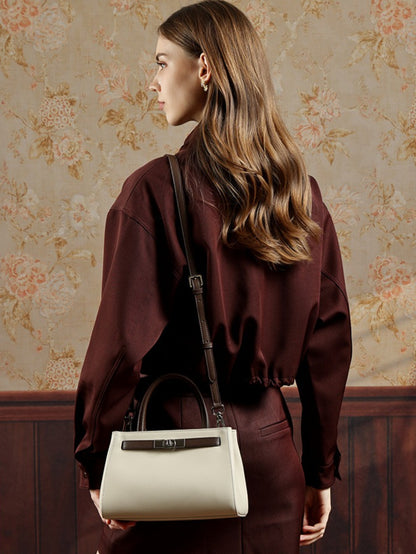 Textured Genuine Leather Kelly Satchel Elegant Crossbody Bag