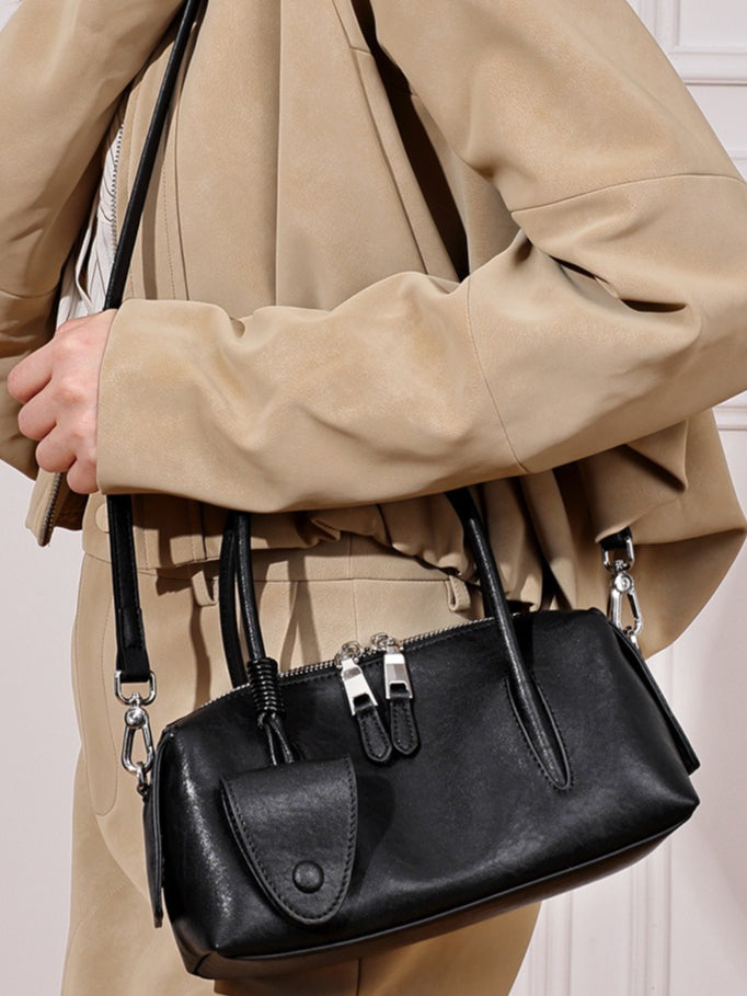 Minimalist Genuine Leather Boston Clutch Bag with Detachable Leather Tag Charm