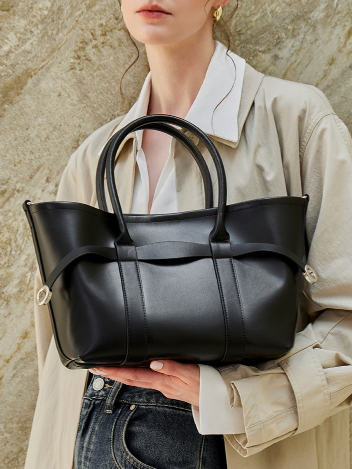 Italian Luxury Plain Genuine Leather Cowhide Large Tote Crossbody Bag