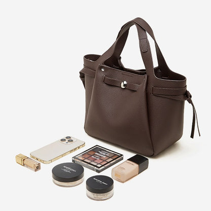 The Pebbled Genuine Leather Mini Bucket Tote Bag with Turn-Lock Closure
