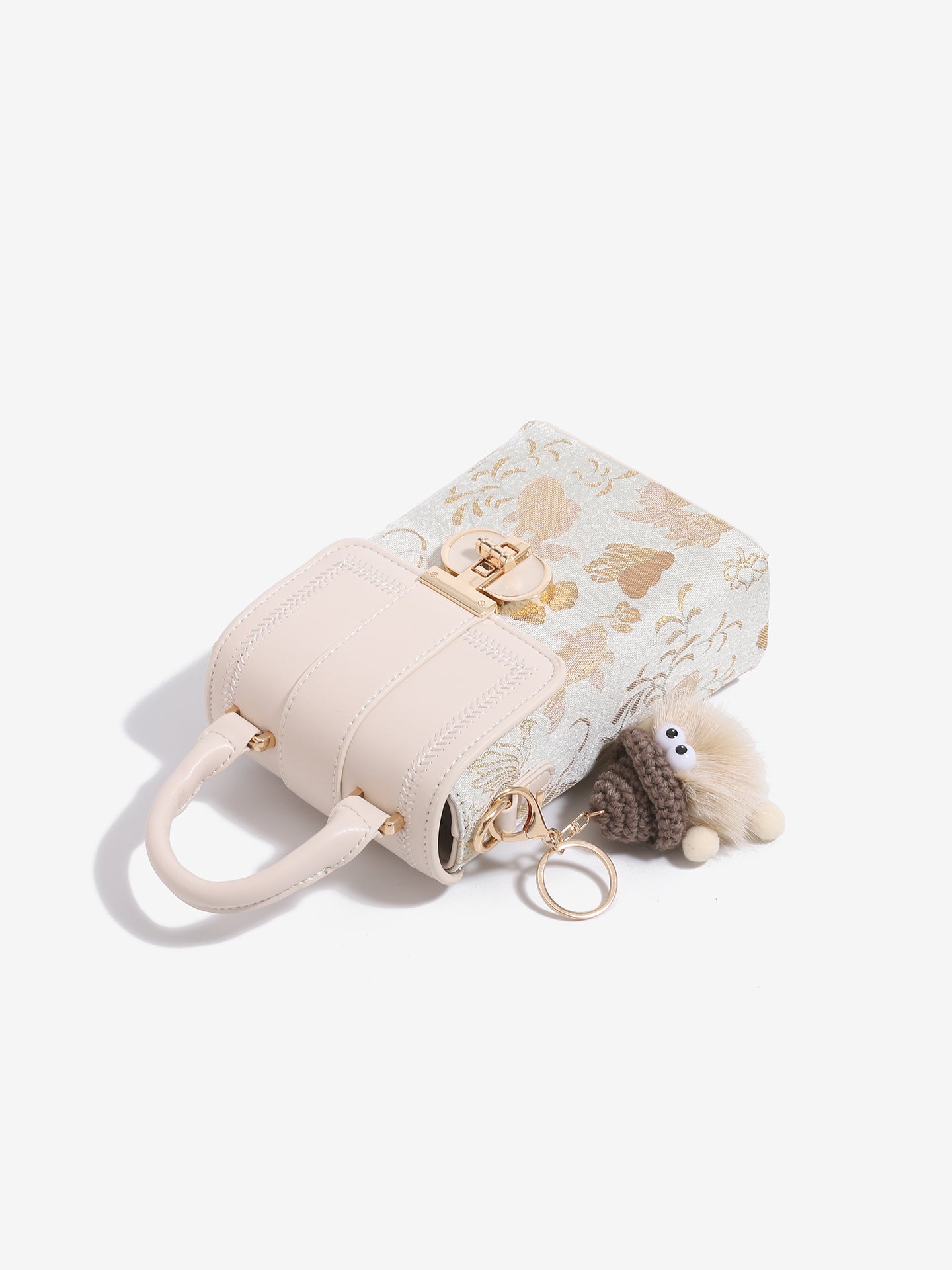 Elegant Oriental Jacquard Mini Flap Phone Clutch Bag with Furry Charm