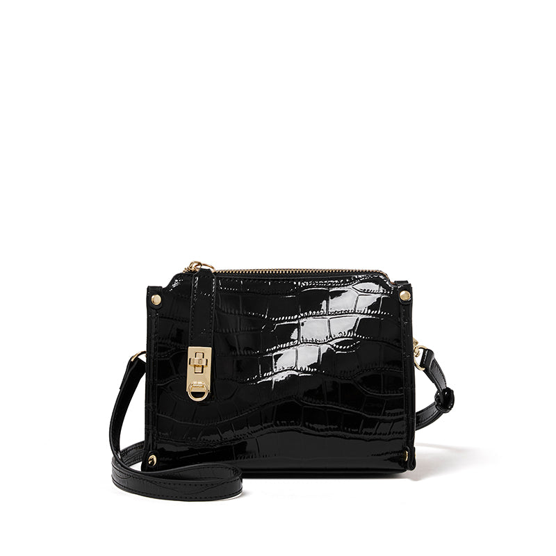 Borsa vintage a spalla e tracolla con manico in vera pelle effetto coccodrillo lucido