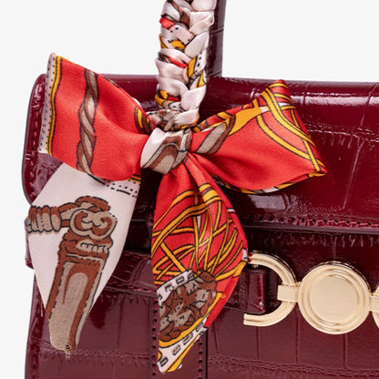 Gentle Glossy Croc Vegan Eco-Leather Satchel Clutch Bag with Silk Scarf Charm