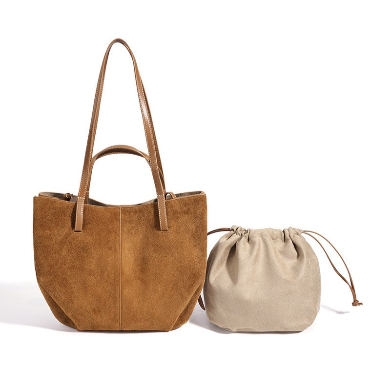 Vintage Suede Genuine Leather Tote Clutch Bag with Coin Pouch