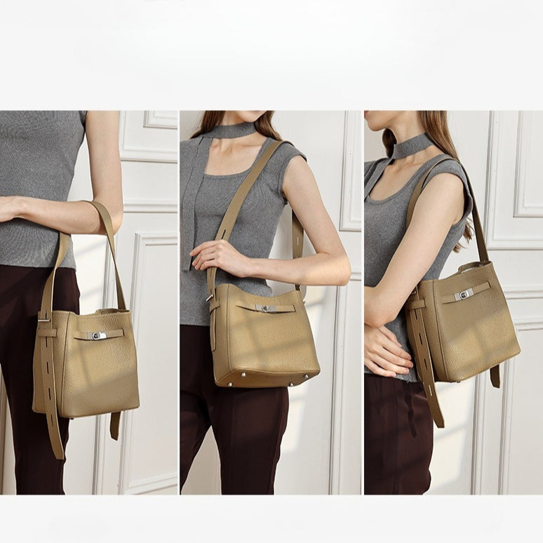 Timeless Genuine Leather Bucket Bag with Polished Double-D Luxury Hardware